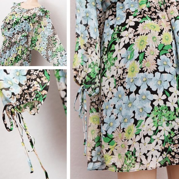 H&M Spring Summer Floral Flowy Chiffon Ruffle Trim Dolman Sleeves Dress M Green - Picture 13 of 14